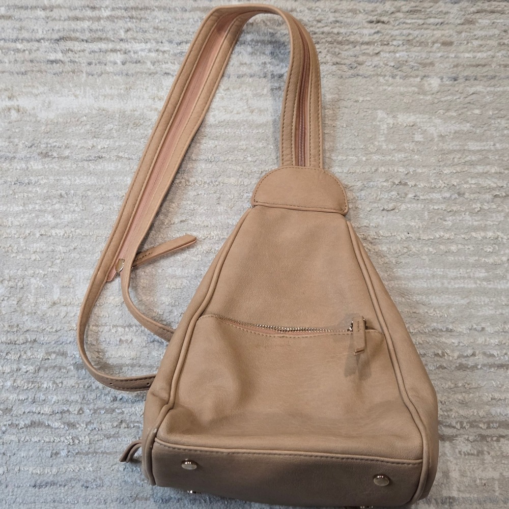 Antik Kraft Tan Faux Leather Convertible Sling Backpack Bag Gold Hardware Travel